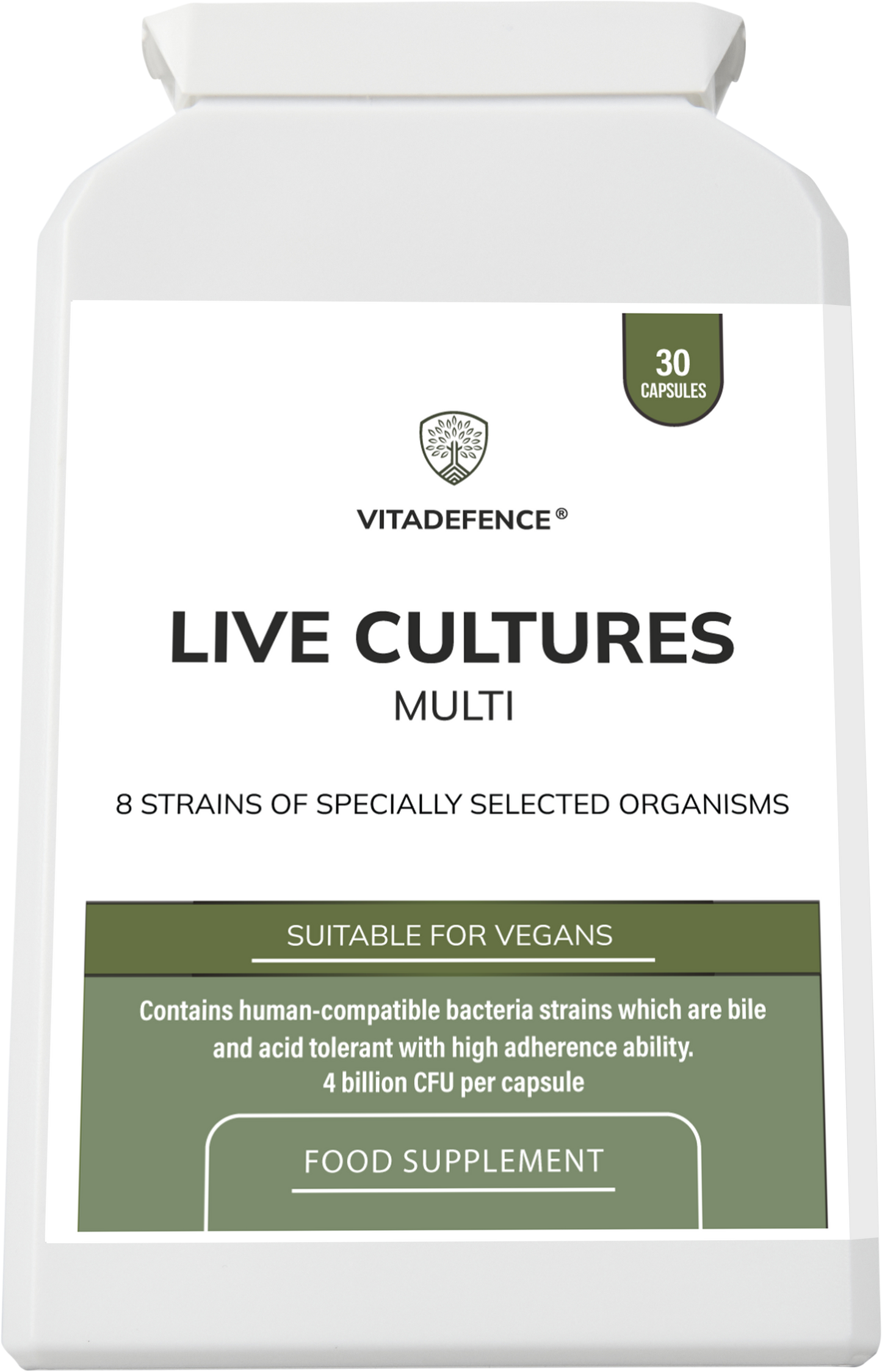 Vitadefence® Live Cultures Multi food supplement with 8 probiotic strains and 4 billion CFU in 30 capsules.