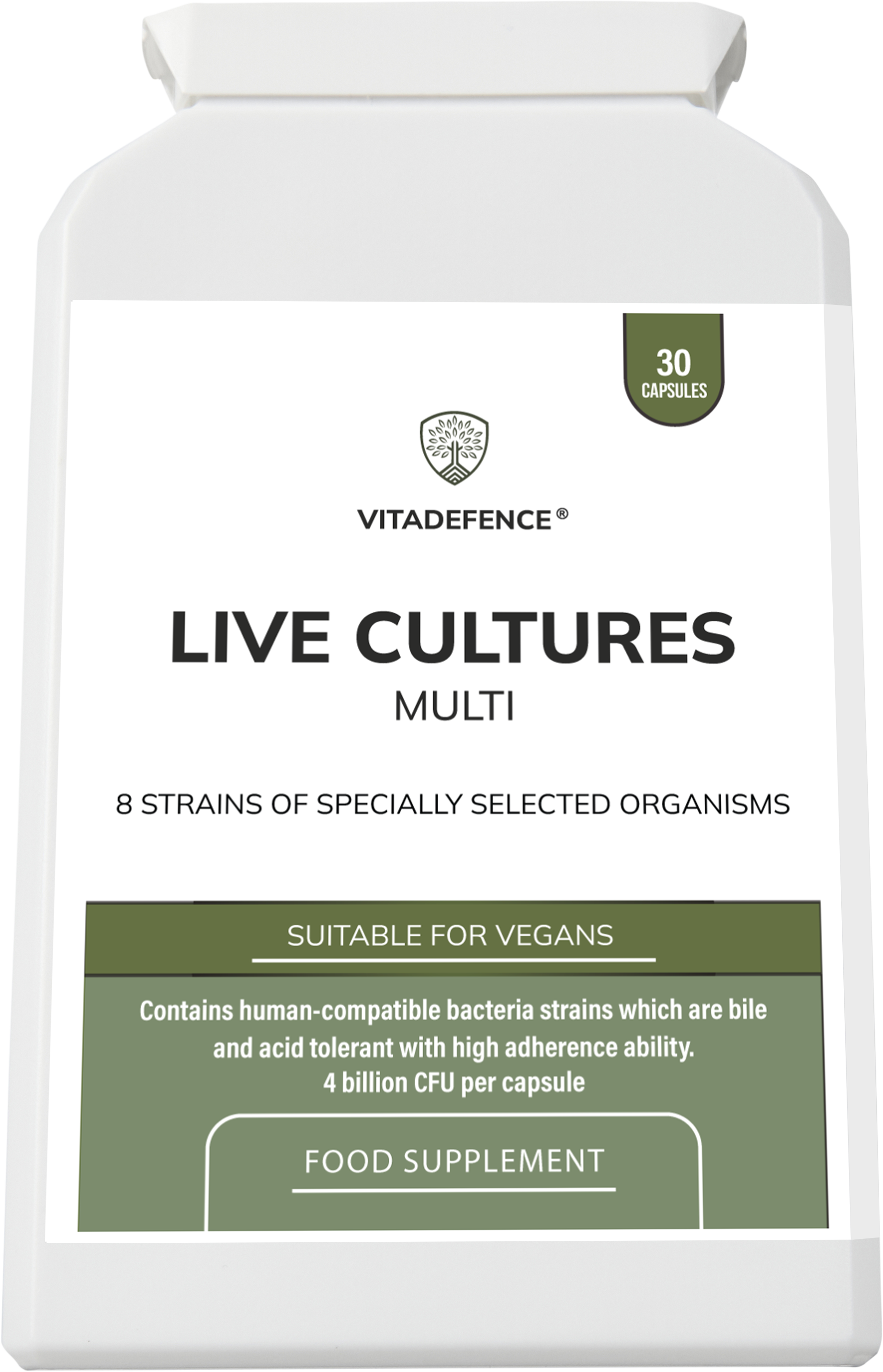 Vitadefence® Live Cultures Multi food supplement with 8 probiotic strains and 4 billion CFU in 30 capsules.