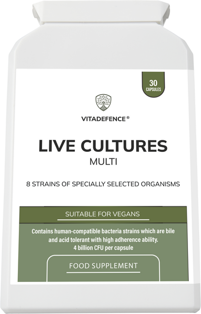 Vitadefence® Live Cultures Multi food supplement with 8 probiotic strains and 4 billion CFU in 30 capsules.