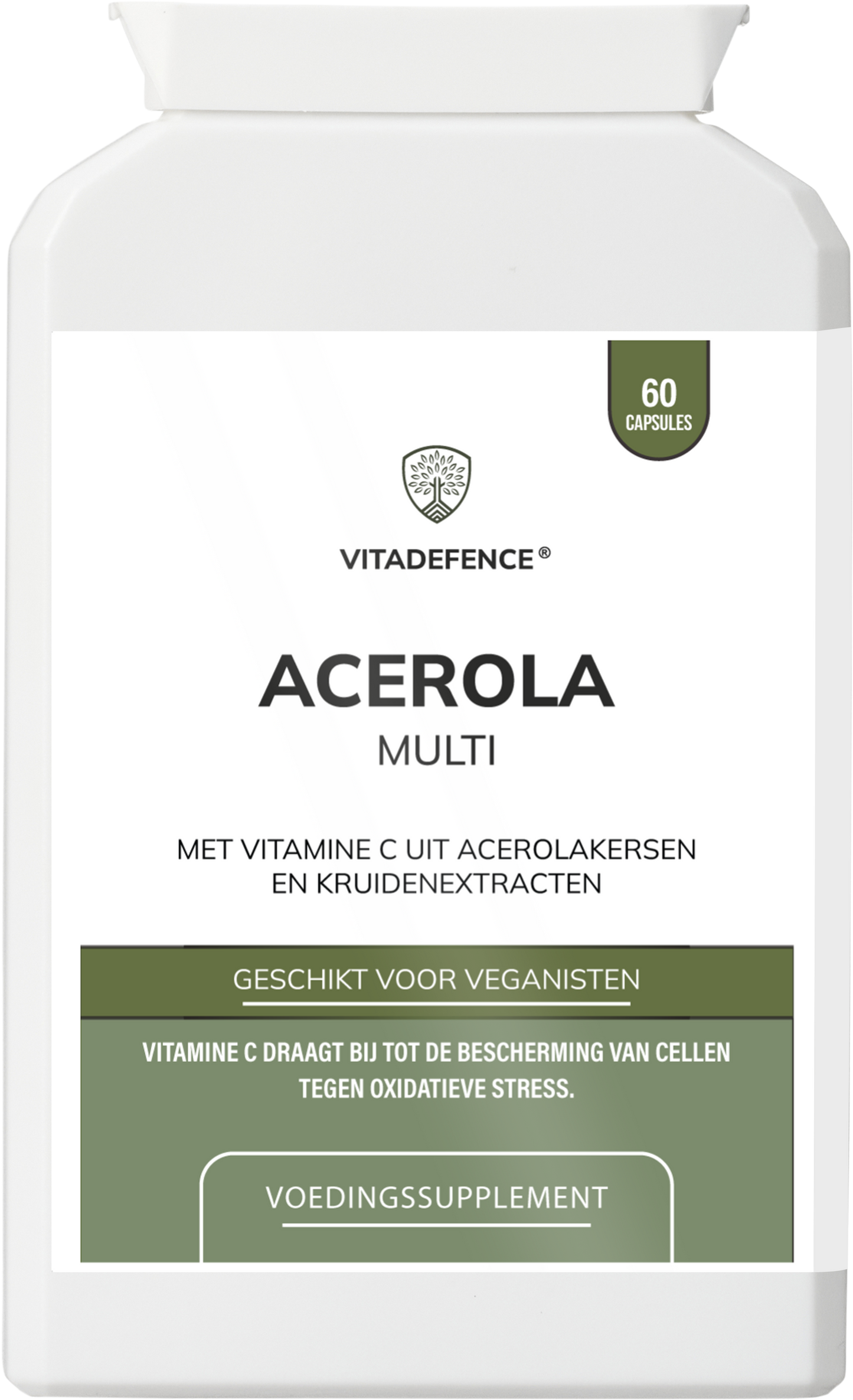 Vitadefence® Vitamin C capsules in a bottle, showcasing vegan acerola fruit-based supplement for immune support.