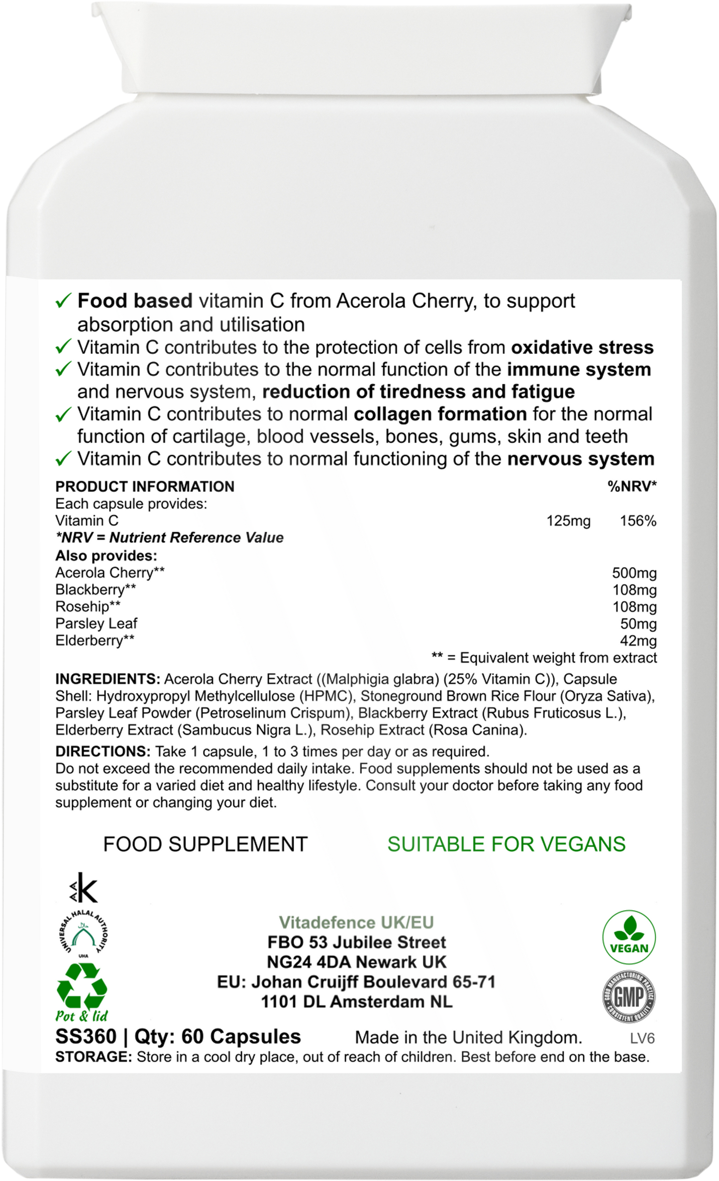 VitaDefence Acerola Vitamin C capsules in a bottle, vegan food supplement with 60 capsules for immune support and health.