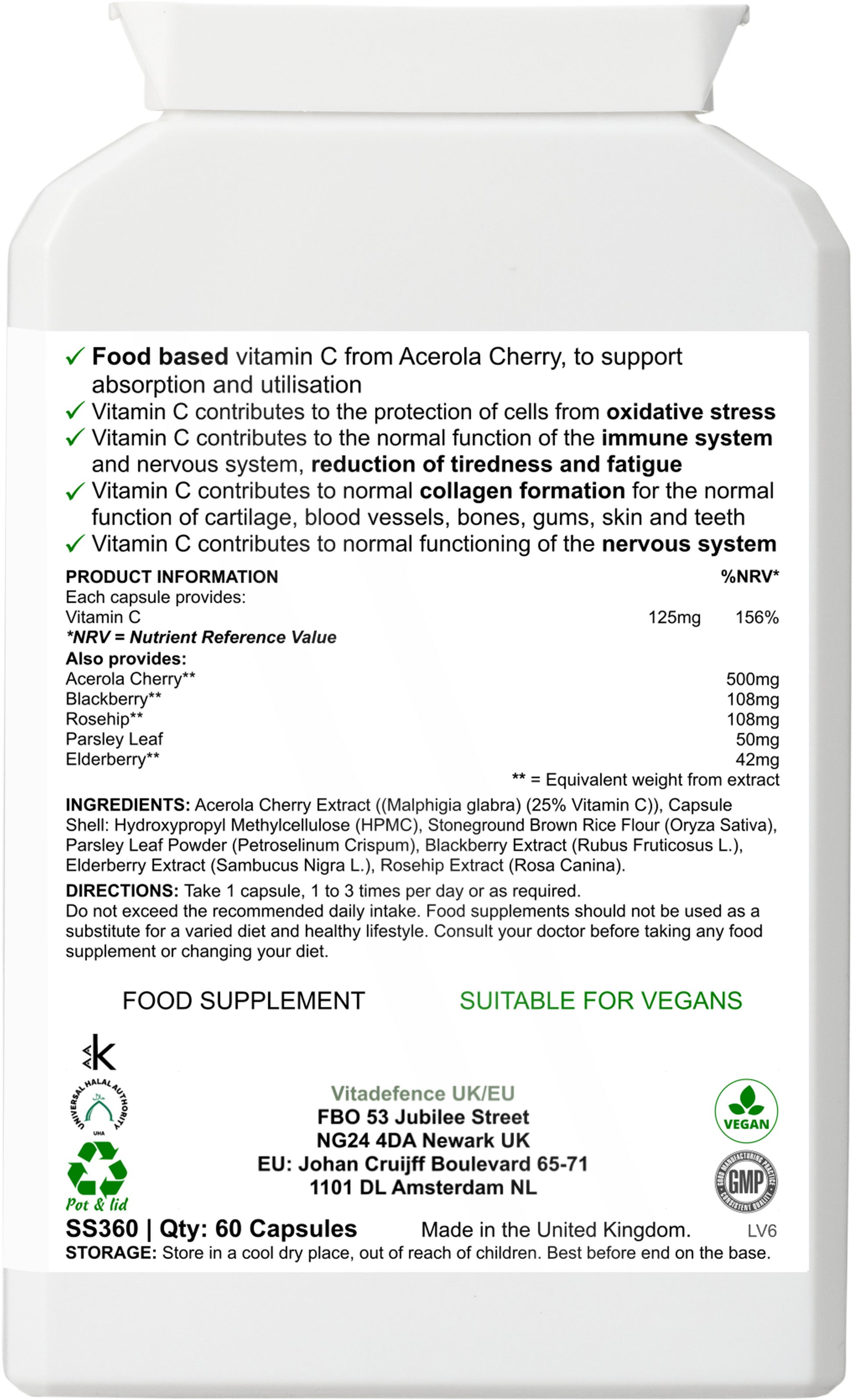VitaDefence Acerola Vitamin C capsules in a bottle, vegan food supplement with 60 capsules for immune support and health.