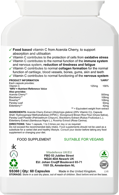 VitaDefence Acerola Vitamin C capsules in a bottle, vegan food supplement with 60 capsules for immune support and health.