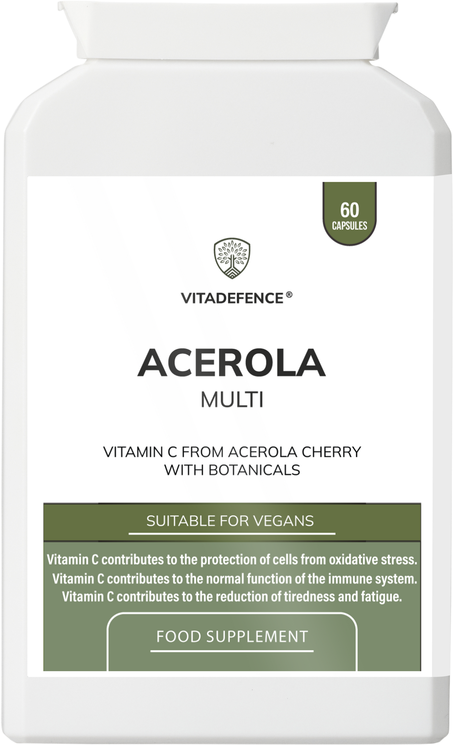 NaturaC food-based Acerola Vitamin C capsules by Vitadefence, 60 vegan supplement capsules in a front view.