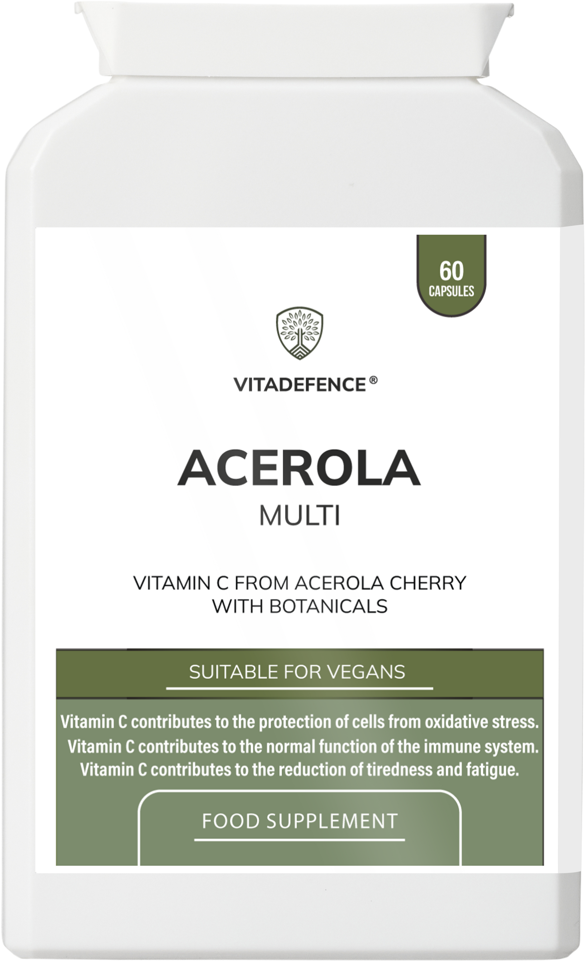 NaturaC food-based Acerola Vitamin C capsules by Vitadefence, 60 vegan supplement capsules in a front view.