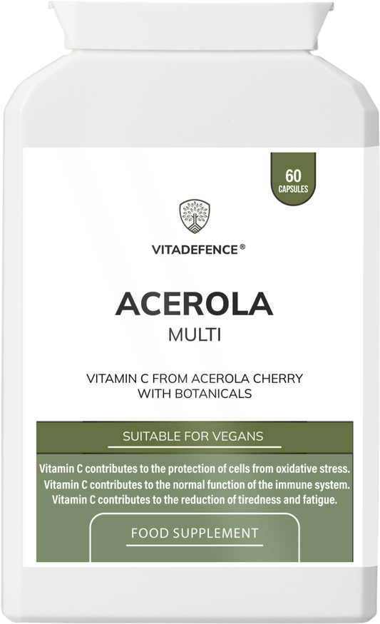 NaturaC food-based Acerola Vitamin C capsules by Vitadefence, 60 vegan supplement capsules in a front view.