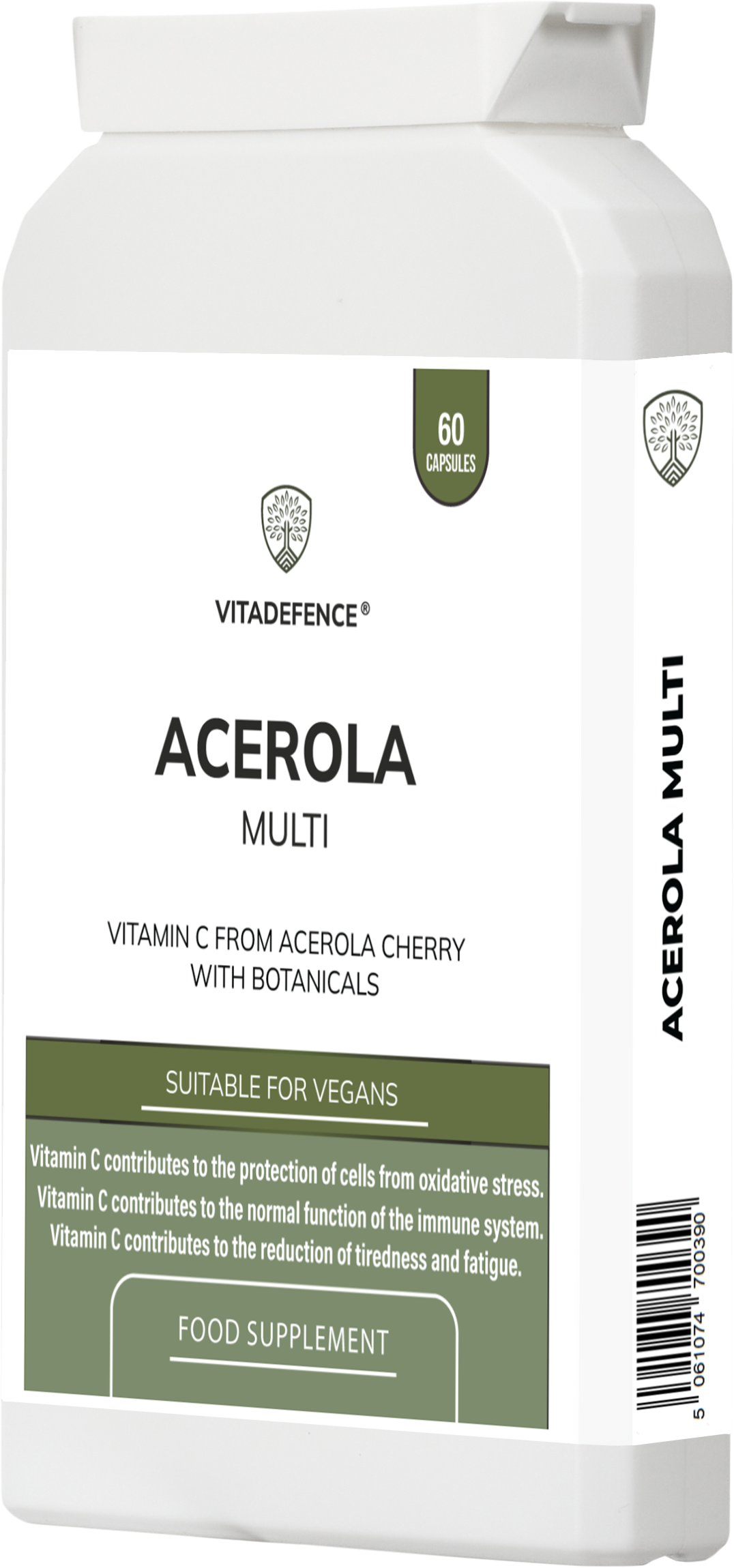 NaturaC vitamin C capsules by Vitadefence, vegan food-based acerola supplement in a 200ml bottle with 60 capsules.