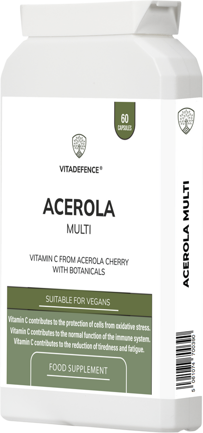 NaturaC vitamin C capsules by Vitadefence, vegan food-based acerola supplement in a 200ml bottle with 60 capsules.