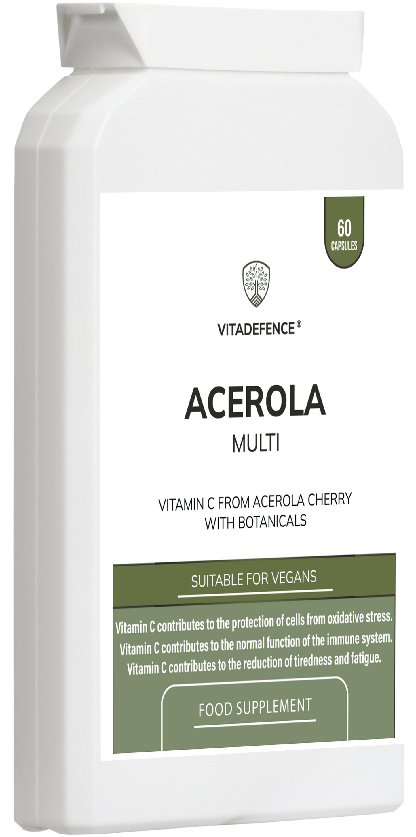 NaturaC Vitadefence vegan Vitamin C capsules in a bottle, featuring food-based acerola extract for immune support.