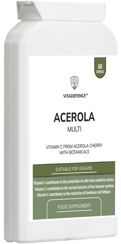 NaturaC Vitadefence vegan Vitamin C capsules in a bottle, featuring food-based acerola extract for immune support.