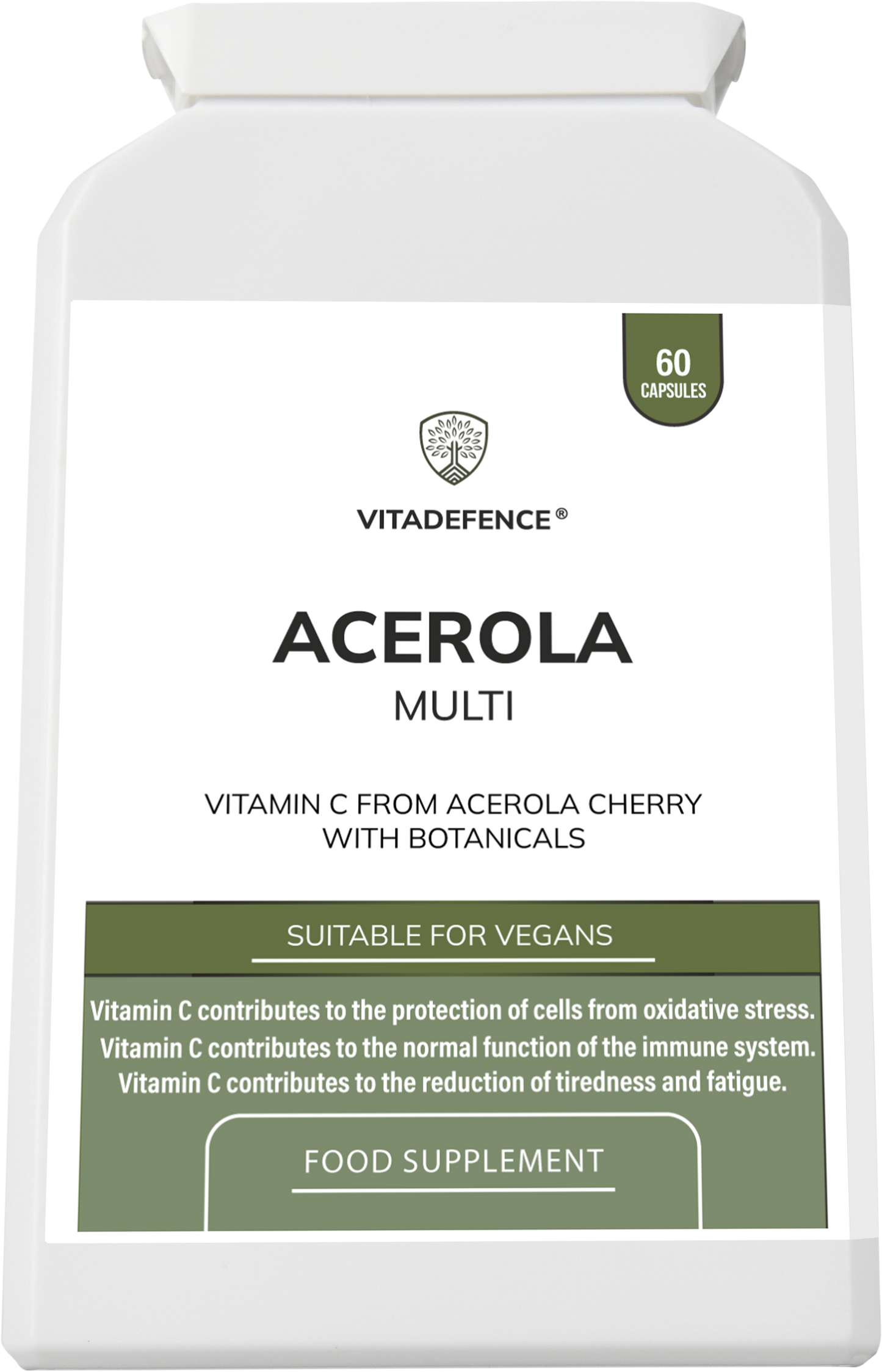 Food supplement image of Vitadefence® Vitamin C capsules made from acerola, showing a bottle of 60 vegan capsules on a white background.
