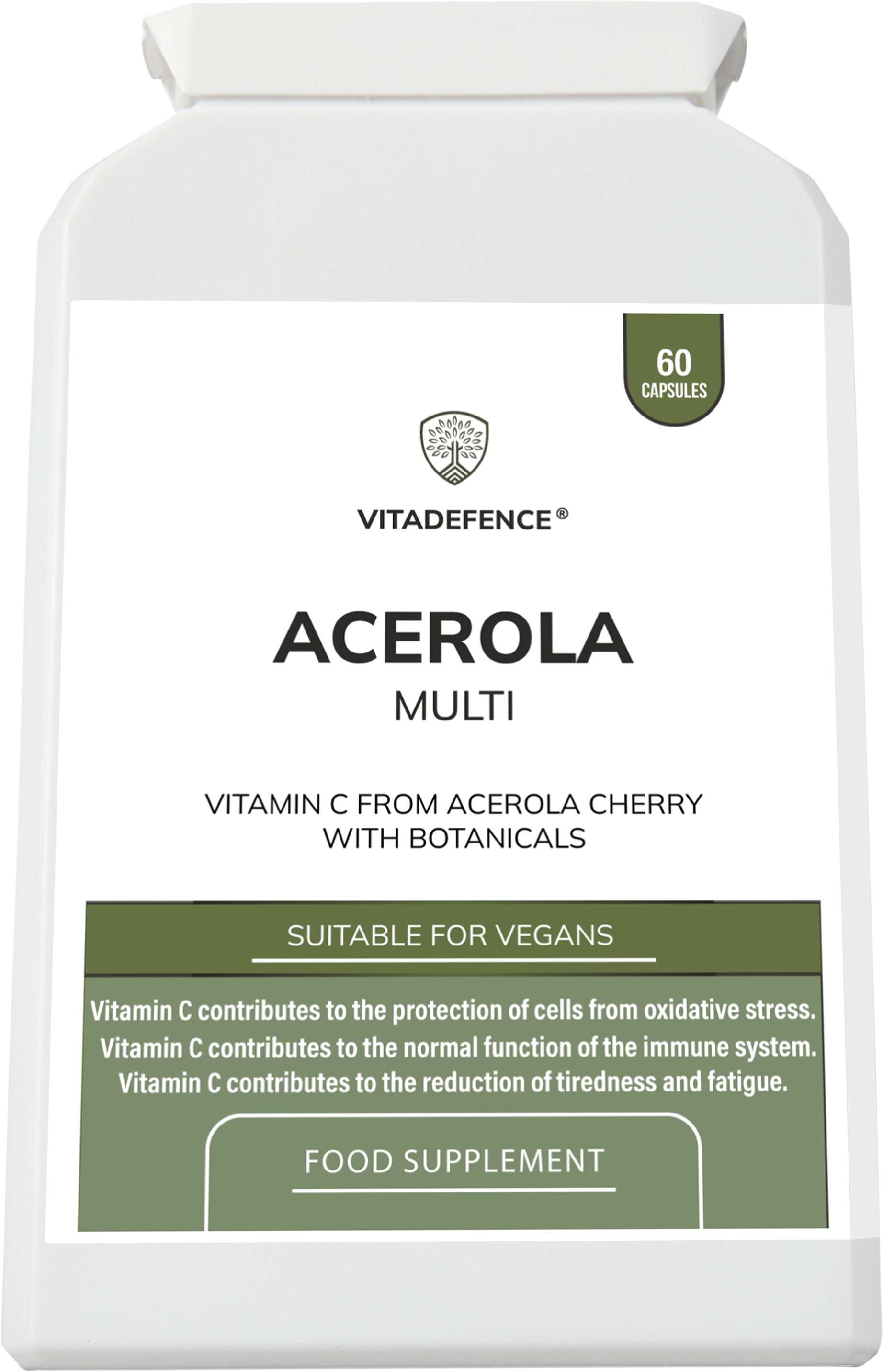 Food supplement image of Vitadefence® Vitamin C capsules made from acerola, showing a bottle of 60 vegan capsules on a white background.