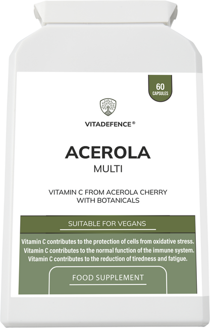 Food supplement image of Vitadefence® Vitamin C capsules made from acerola, showing a bottle of 60 vegan capsules on a white background.