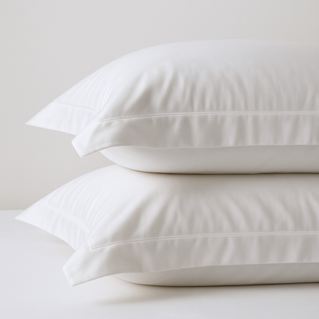 Organic cotton percale bed sheet set pillowcases from Ethical Bedding™ with smooth, crisp white fabric and simple design.