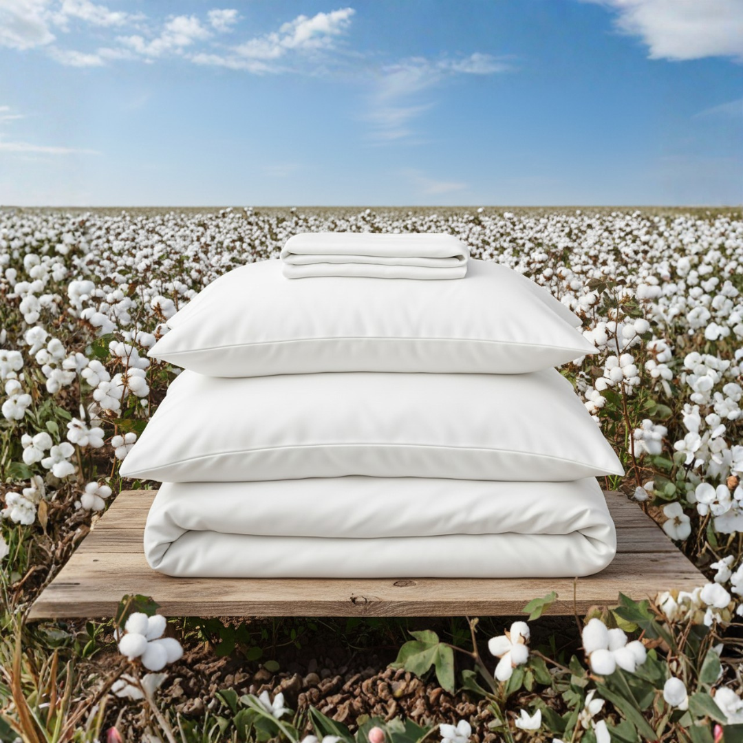 Organic cotton percale bed sheet set by Ethical Bedding™ with neatly folded, crisp, white sheets and pillowcases.