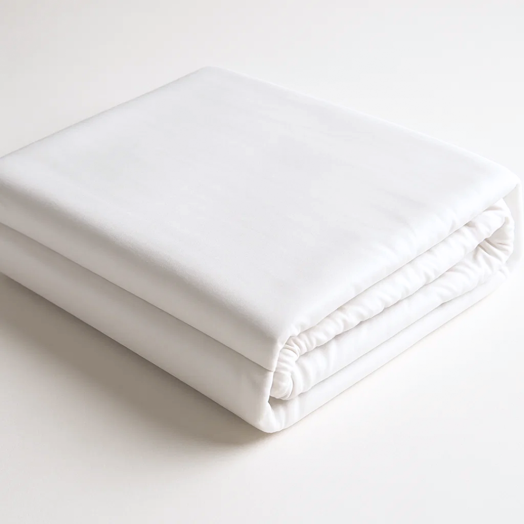 Organic cotton percale fitted bed sheet from Ethical Bedding™, soft and breathable, shown on a neatly made bed.