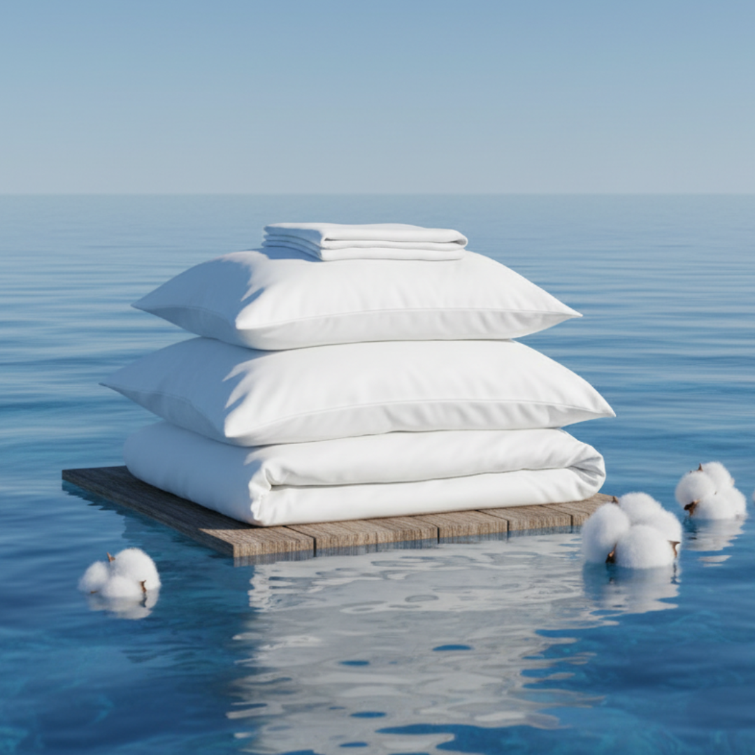 Organic cotton percale bed sheet set from Ethical Bedding™ featuring smooth, crisp white sheets on a neatly made bed.
