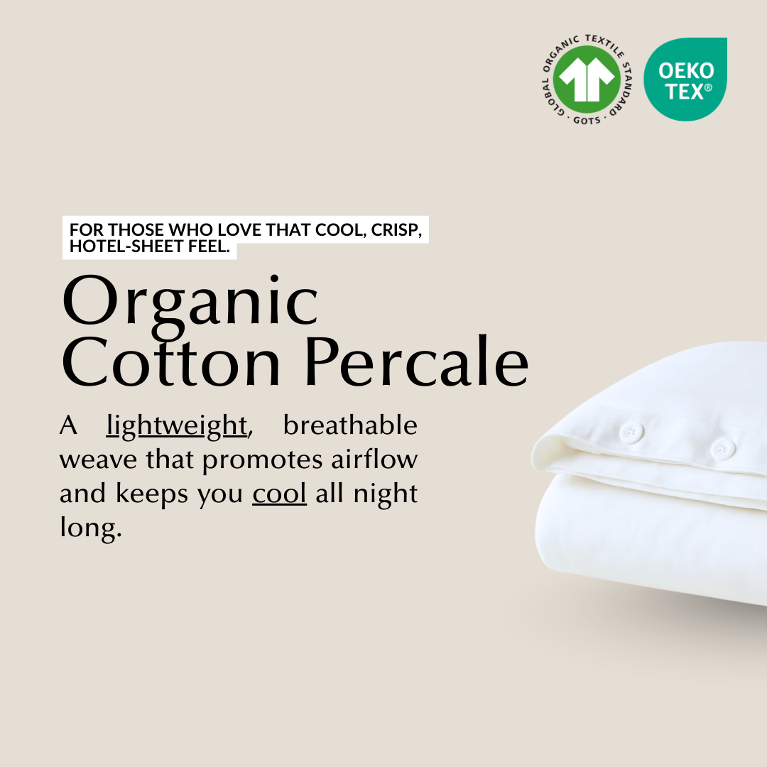Organic cotton percale bed sheet set from Ethical Bedding™, showing a neatly made bed with crisp, white, breathable sheets.