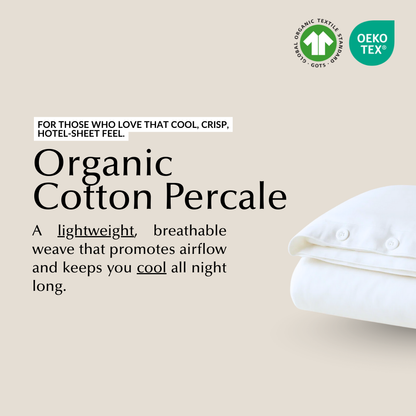Organic cotton percale bed sheet set from Ethical Bedding™, showing a neatly made bed with crisp, white, breathable sheets.