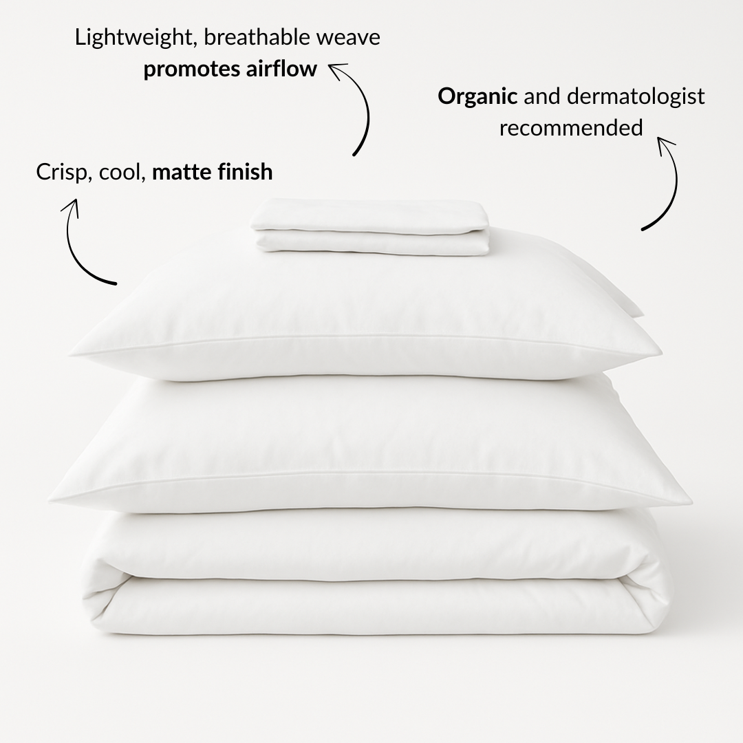 Organic cotton percale bed sheet set by Ethical Bedding™ featuring soft, breathable sheets in a classic design.
