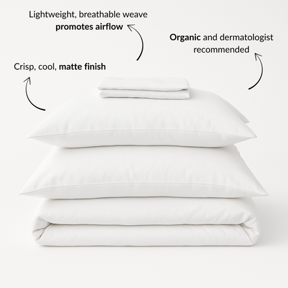 Organic cotton percale bed sheet set by Ethical Bedding™ featuring soft, breathable sheets in a classic design.