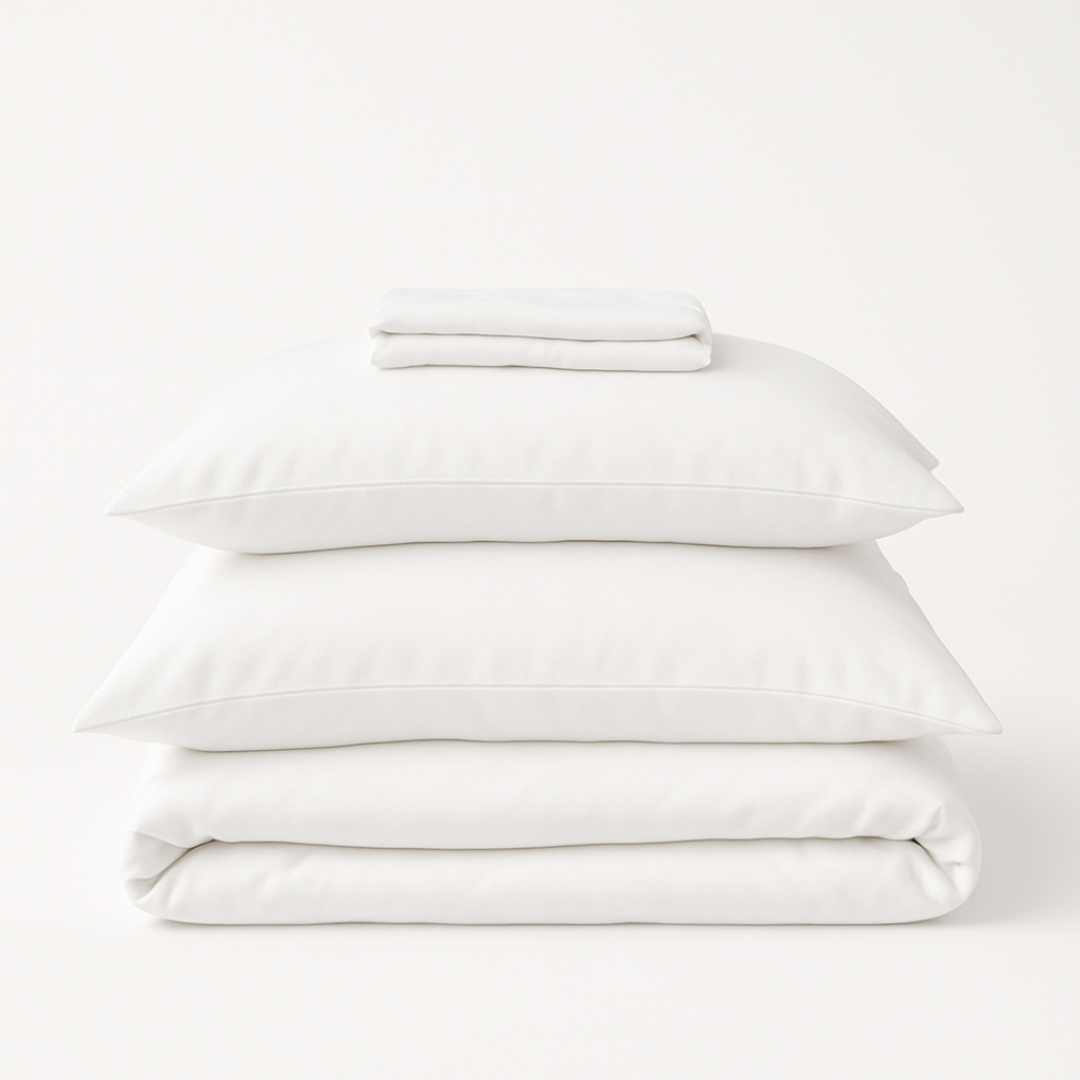 Organic cotton percale bed sheet set from Ethical Bedding™ with smooth, crisp, white sheets and matching pillowcases.