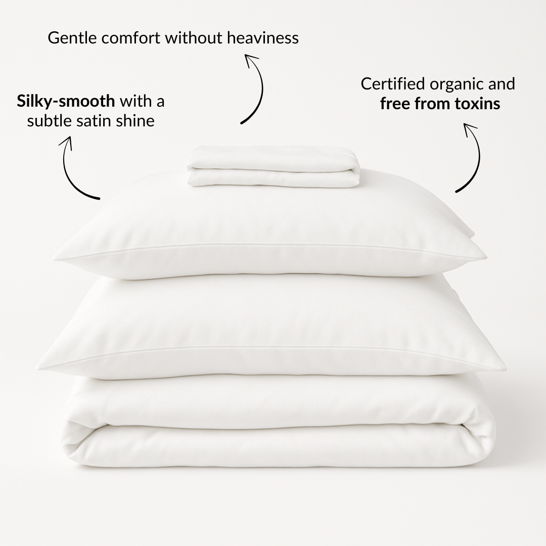 Organic Cotton Percale Bed Sheet Set by Ethical Bedding™ featuring smooth, breathable satin finish and crisp, high-quality cotton fabric.