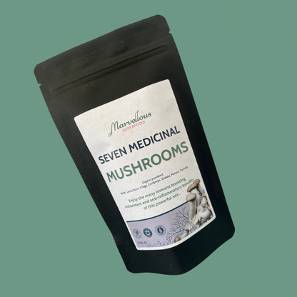 Organic 7 Mushroom Blend by marvelloussuperfood, featuring a mix of mushrooms in a glass jar for daily wellness support.