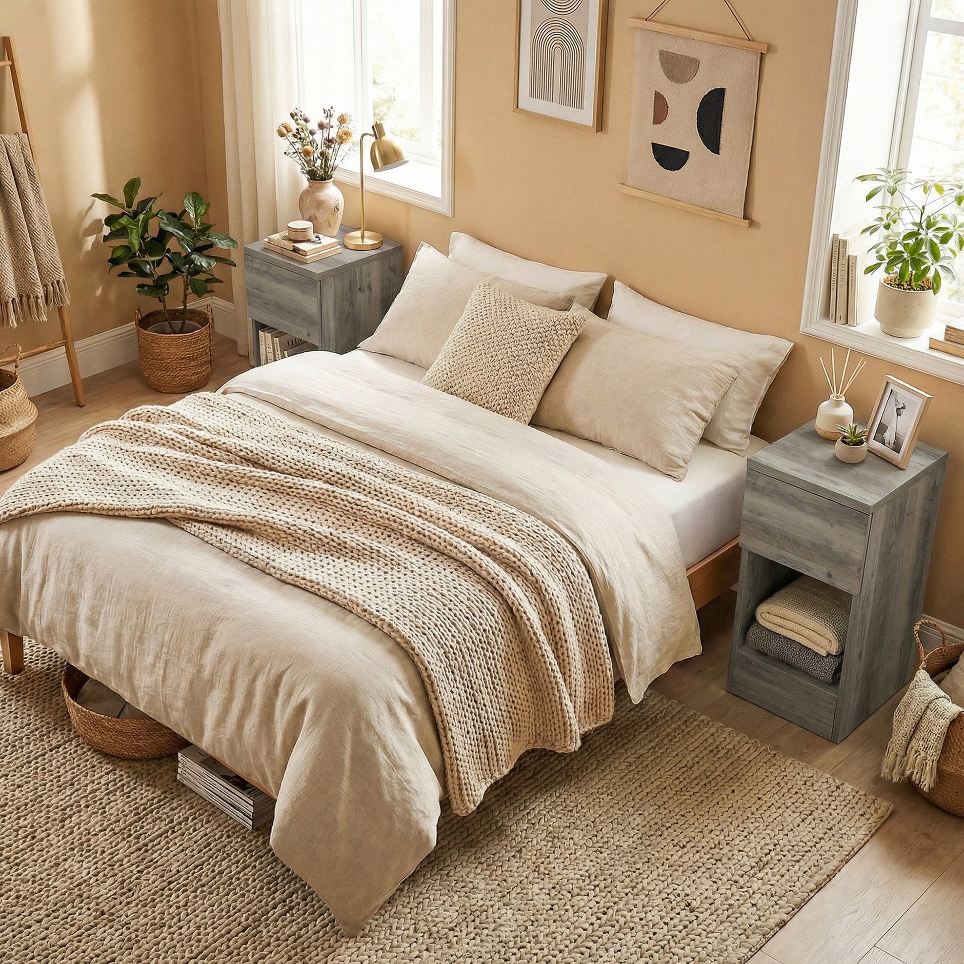 Pair of modern grey Wise Galleria bedside tables with storage drawers, featuring sleek design and contemporary style.
