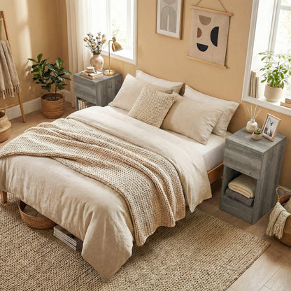 Pair of modern grey Wise Galleria bedside tables with storage drawers, featuring sleek design and contemporary style.