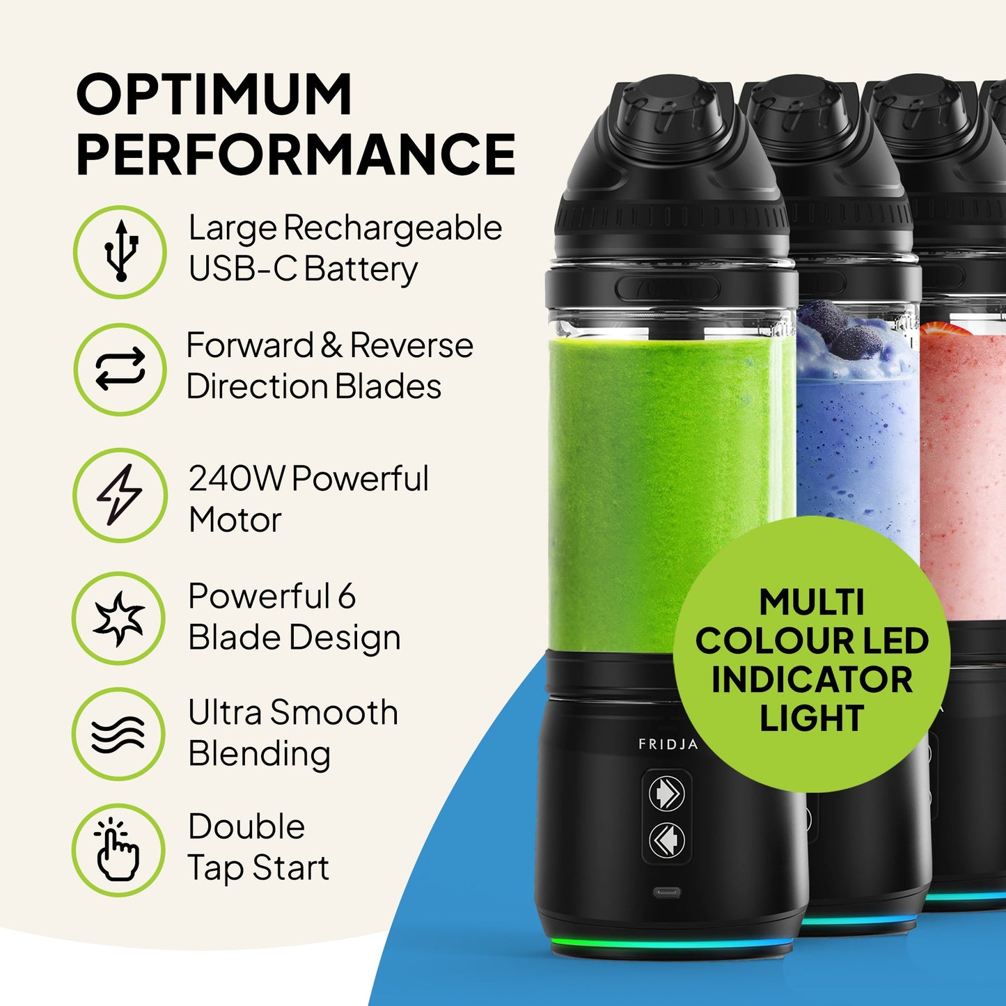 Fridja F500 portable blender with a sleek design and blender jar, perfect for smoothies and on-the-go blending.