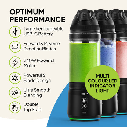 Fridja F500 portable blender with a sleek design and blender jar, perfect for smoothies and on-the-go blending.