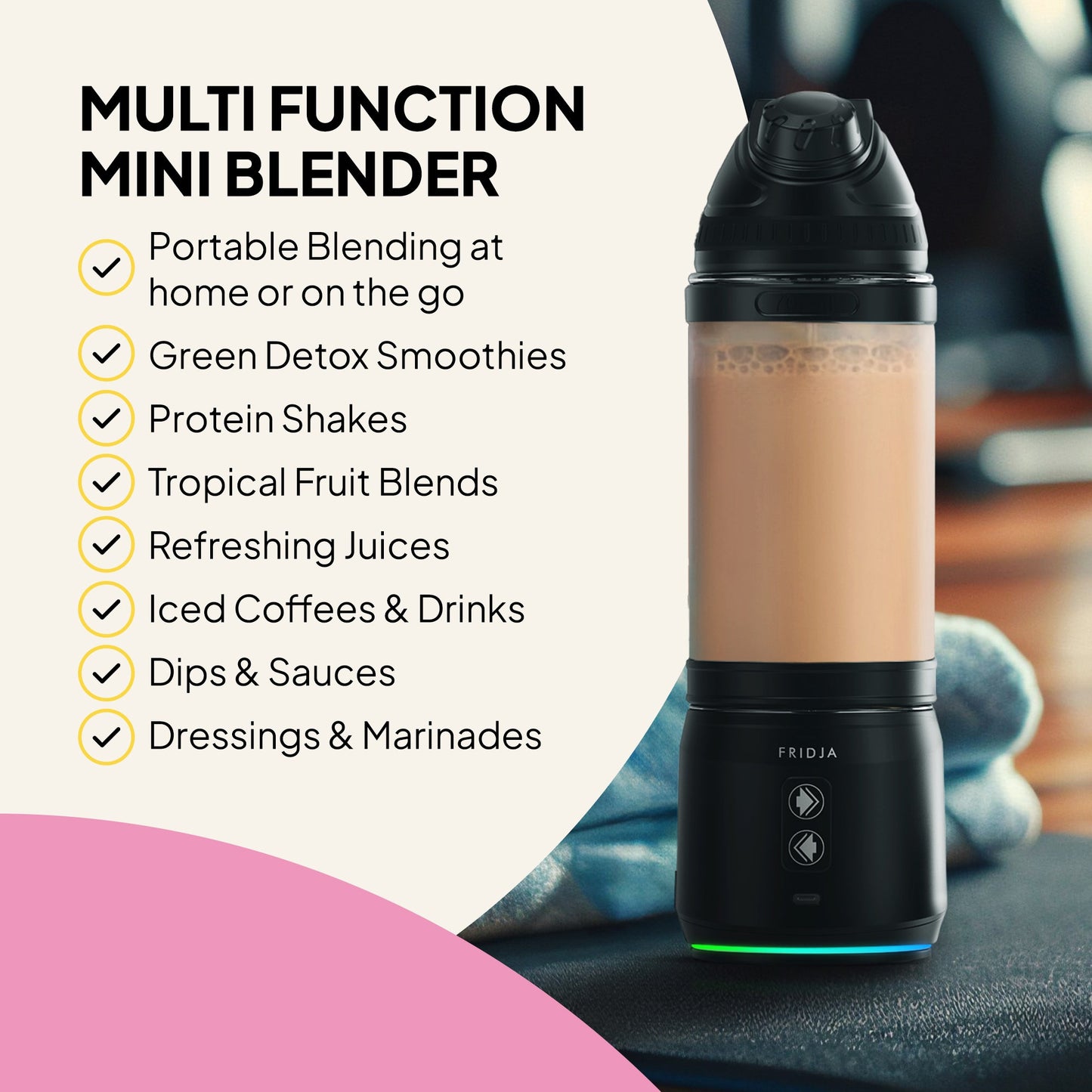 Fridja F500 portable blender with a sleek design, featuring a transparent blending jar and compact body for on-the-go smoothies.