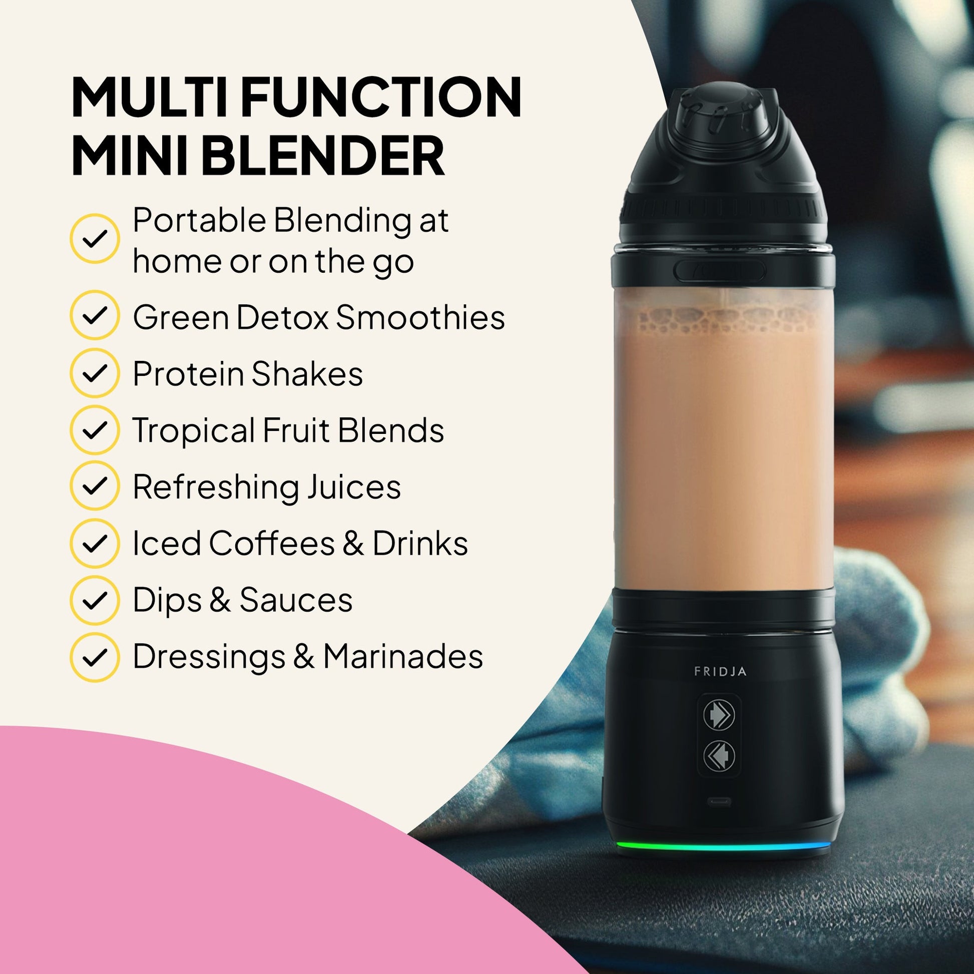 Fridja F500 portable blender with a sleek design, featuring a transparent blending jar and compact body for on-the-go smoothies.