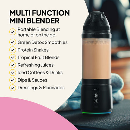 Fridja F500 portable blender with a sleek design, featuring a transparent blending jar and compact body for on-the-go smoothies.