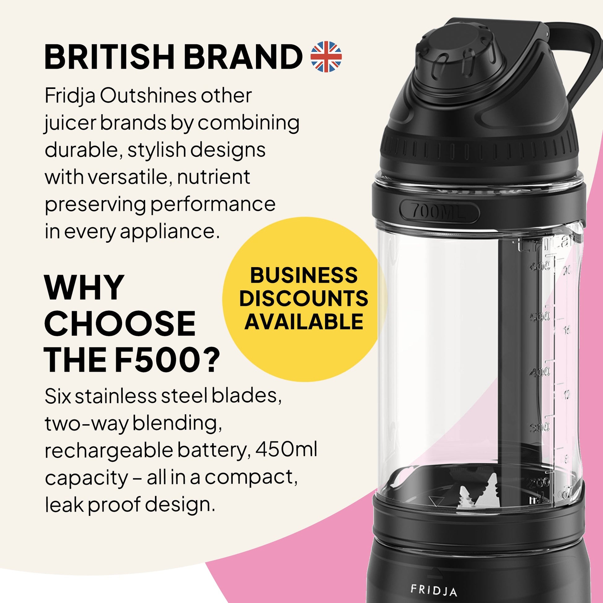 Fridja F500 portable blender with sleek design and transparent blending jar, ideal for smoothies and on-the-go blending.