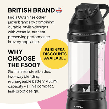 Fridja F500 portable blender with sleek design and transparent blending jar, ideal for smoothies and on-the-go blending.