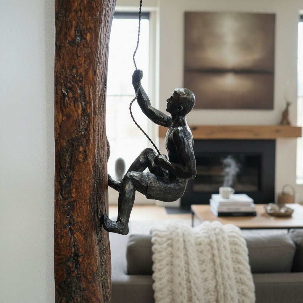 3D Cast Iron Climbing Man Wall Sculpture | Modern Rock Climber Wall Art