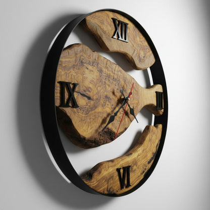 Round Olive Wood Wall Clock with Metal Hoop | Modern Statement Décor