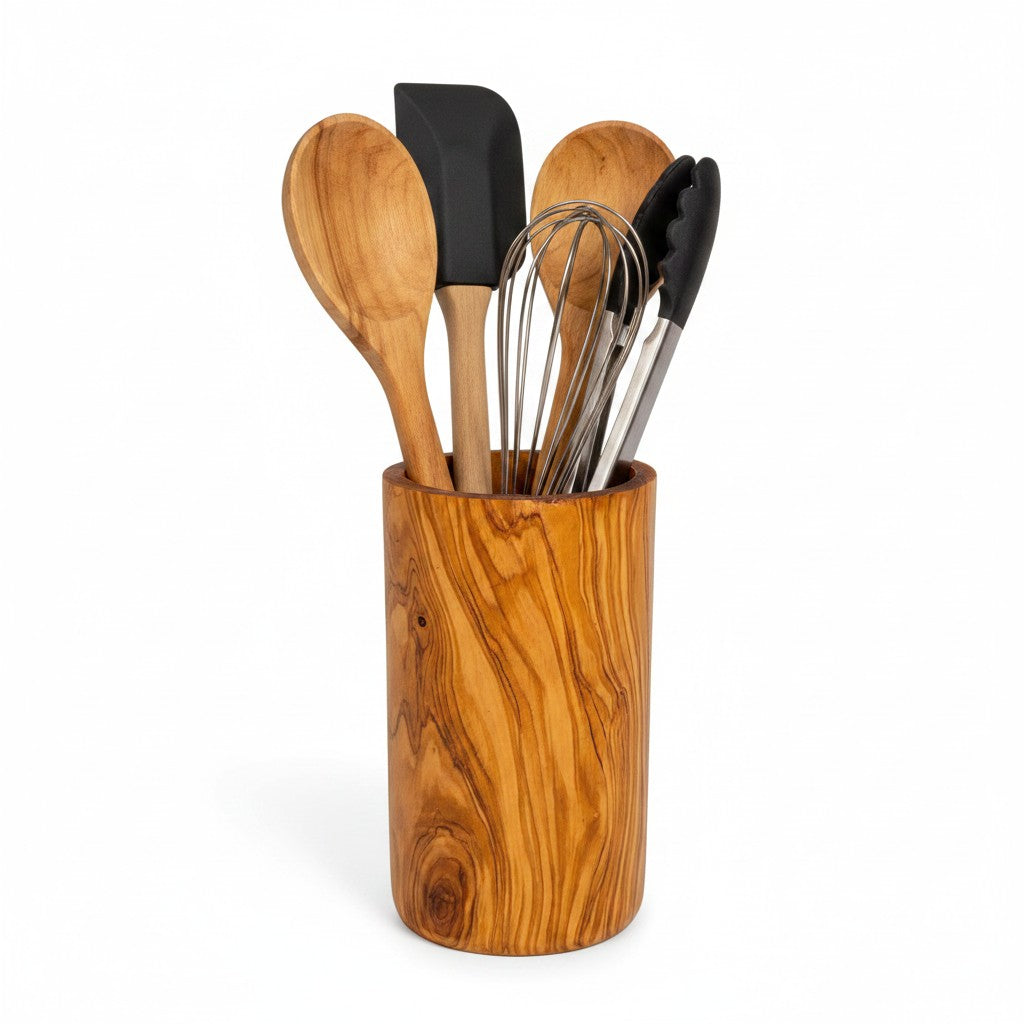 Handcrafted Olive Wood Utensil Holder | Wooden Spoon & Spatula Crock