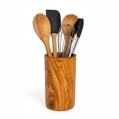 Handcrafted Olive Wood Utensil Holder | Wooden Spoon & Spatula Crock