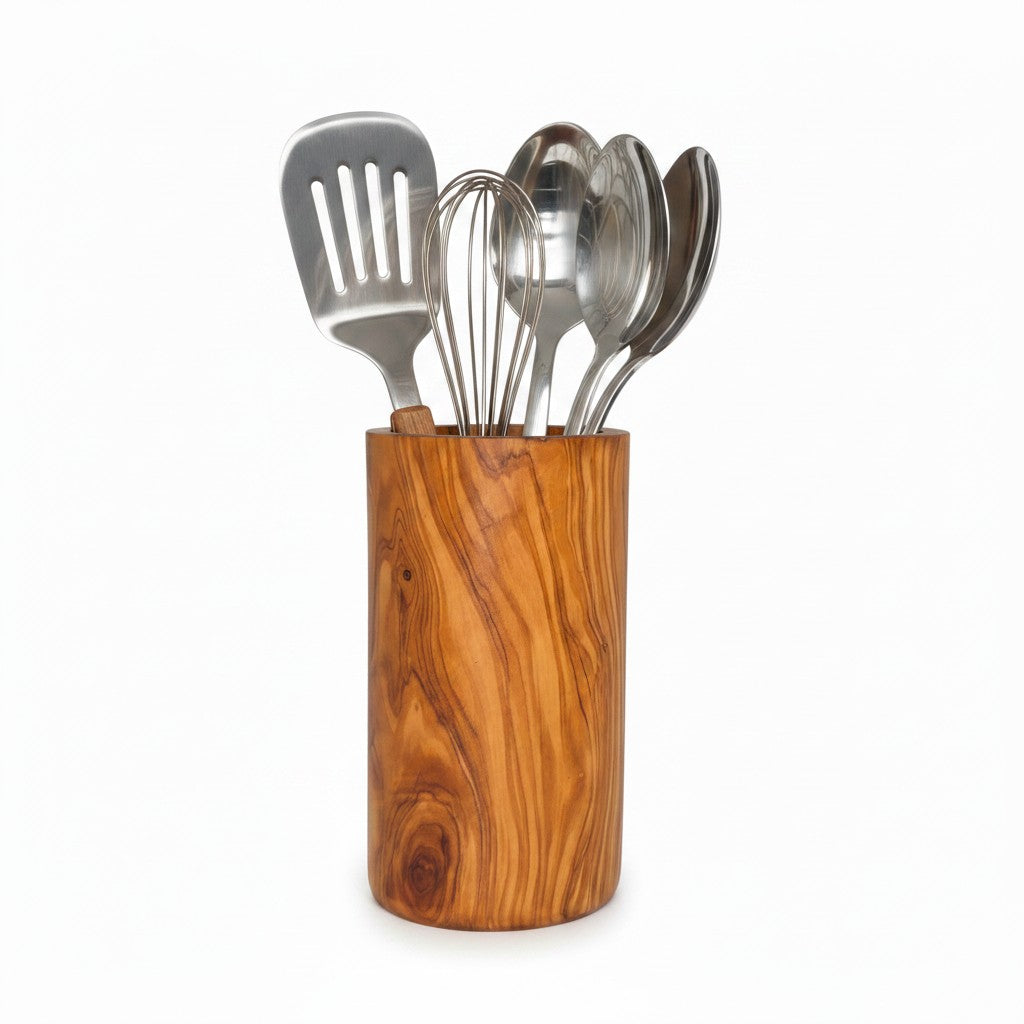 Handcrafted Olive Wood Utensil Holder | Wooden Spoon & Spatula Crock
