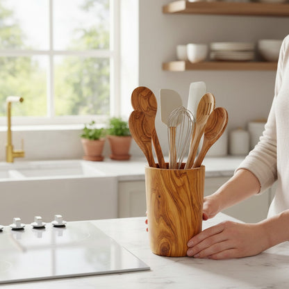 Handcrafted Olive Wood Utensil Holder | Wooden Spoon & Spatula Crock