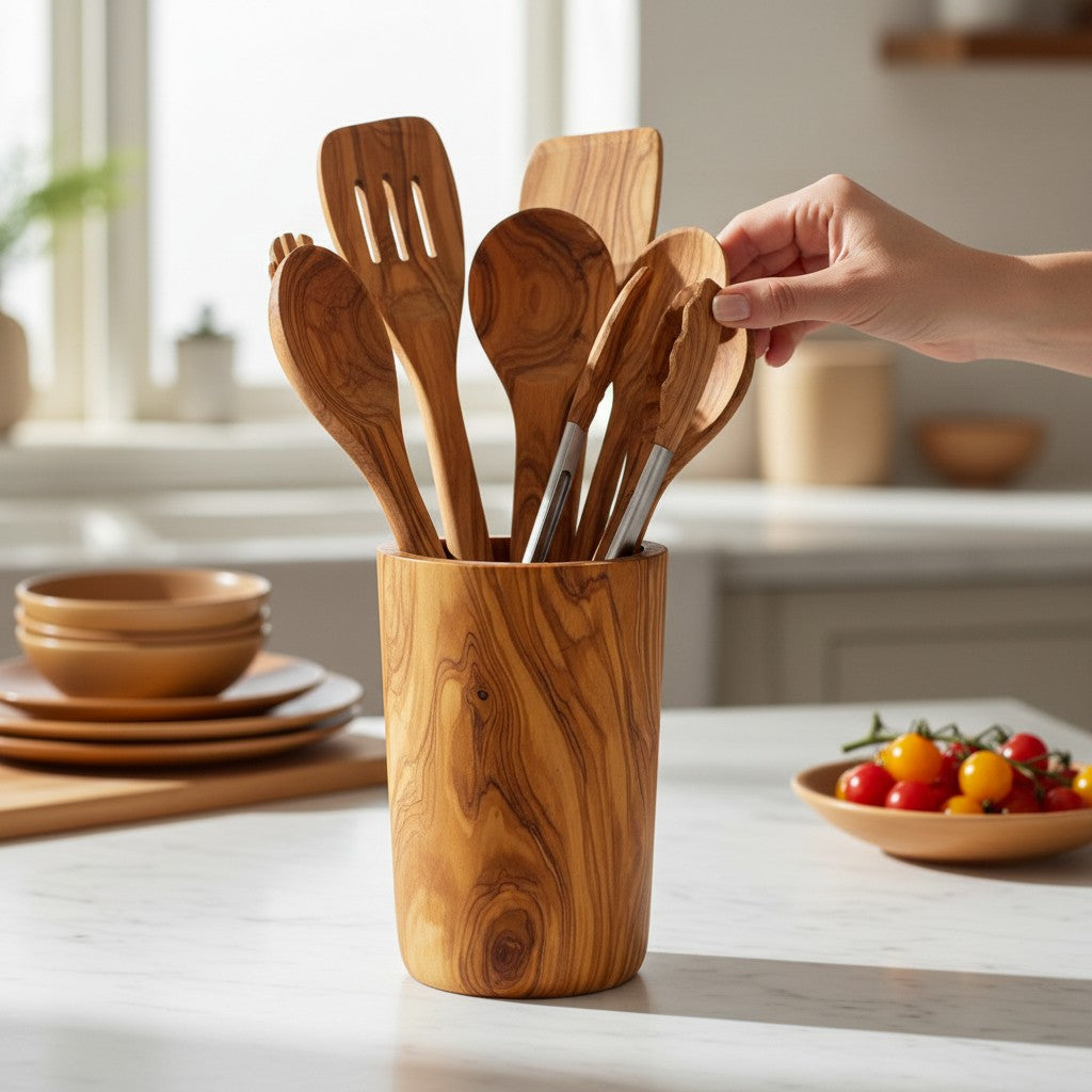 Handcrafted Olive Wood Utensil Holder | Wooden Spoon & Spatula Crock