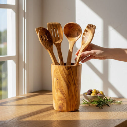 Handcrafted Olive Wood Utensil Holder | Wooden Spoon & Spatula Crock