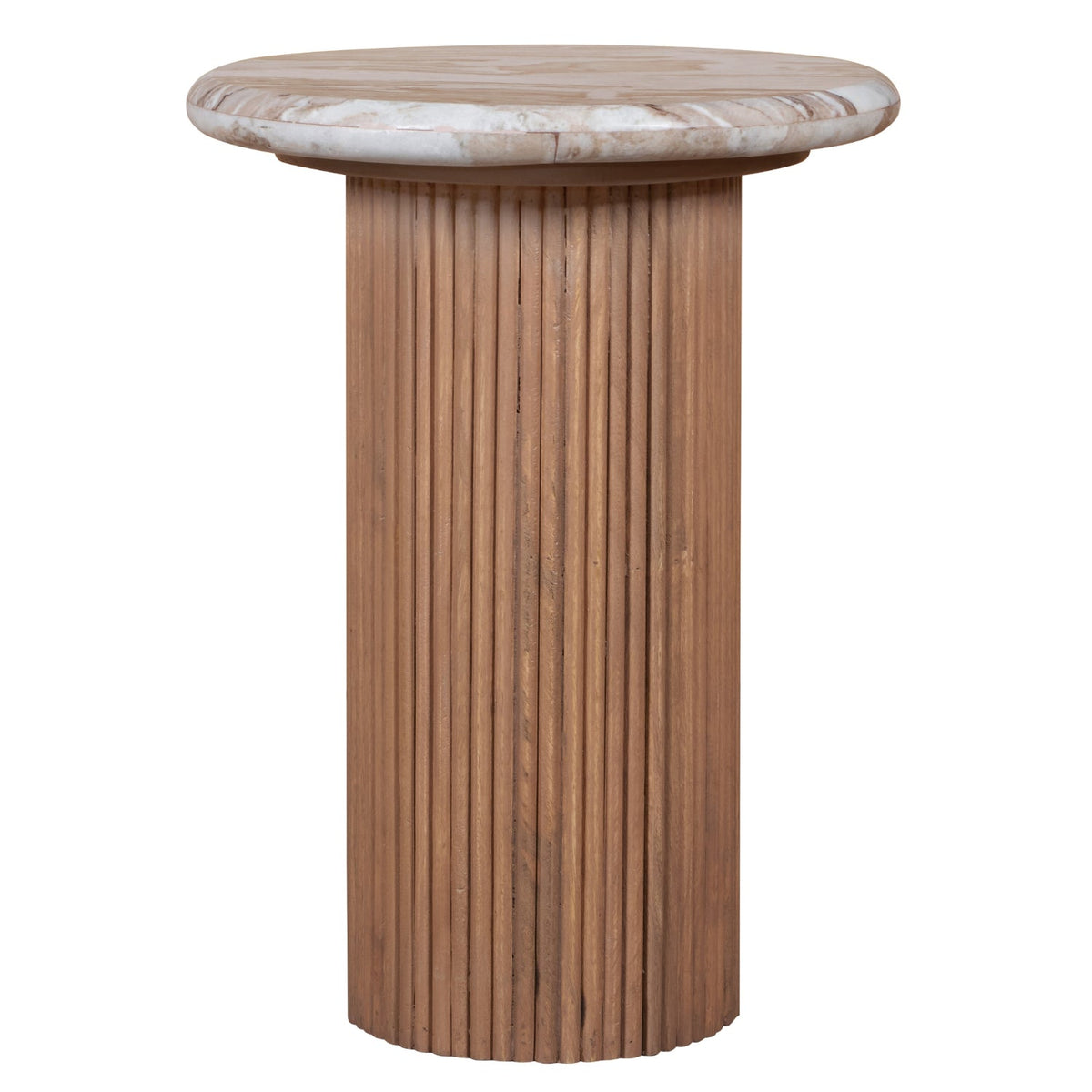 Bundi Natural Marble & Wood Pedestal Side Table | Fluted Mango Wood & Marble