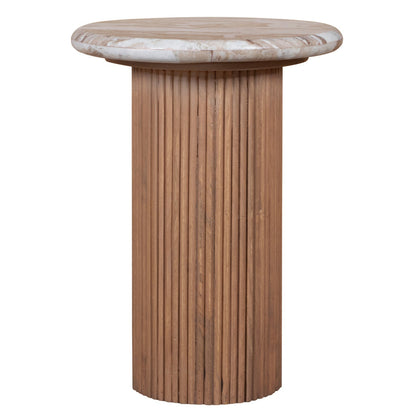Bundi Natural Marble & Wood Pedestal Side Table | Fluted Mango Wood & Marble