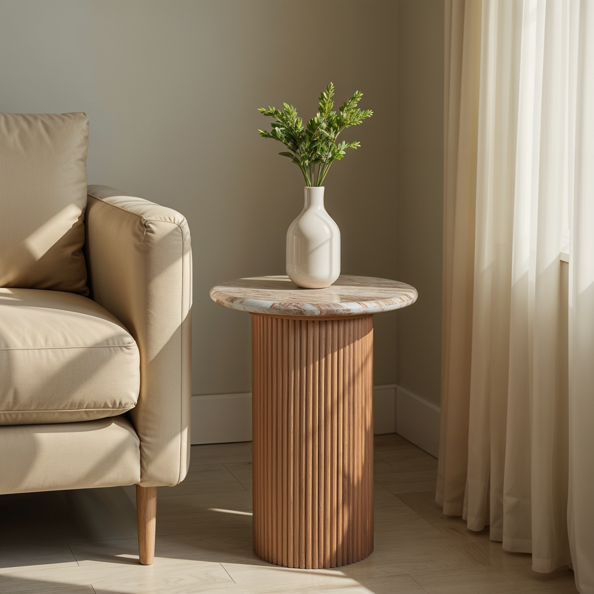 Bundi Natural Marble & Wood Pedestal Side Table | Fluted Mango Wood & Marble