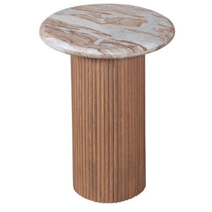 Bundi Natural Marble & Wood Pedestal Side Table | Fluted Mango Wood & Marble