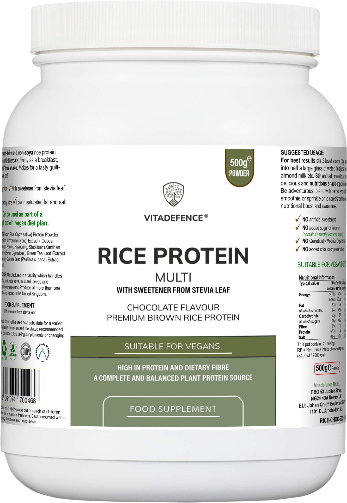 Vitadefence Rice Protein Multi chocolate flavor powder with green tea and guarana in a 500g round jar.